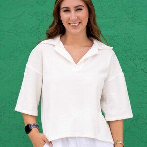 NWT - Elan Tabitha V Neck Terry Cloth Top in White